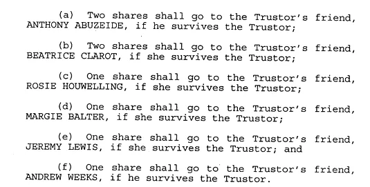 Excerpt from Jack Dane's revocable trust listing six equal-share distributions to named friends, each conditioned on surviving the trustor.