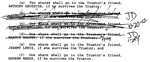 The same trust distribution clauses with three struck through by hand, initialed “JD” with dates and a handwritten note “Dying” — a possible amendment to Jack Dane's trust.